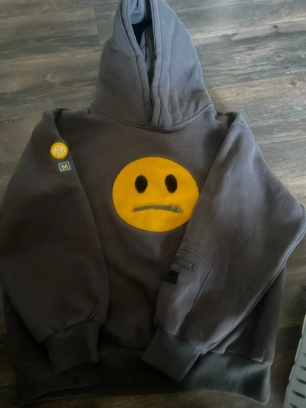 Men's Charcoal Crewneck Hoodie with Yellow Smiley Patch